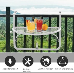 Outsunny Stół Wiszący Balkonowy Półokrągły Regulowana Wysokość Metalowy Biały Ø30cm 60x45x50cm | Aosom PL