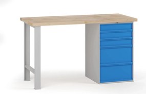 Stół warsztatowy G7, blat bukowy, 1500 x 800 x 840 mm, 1x kontener, 5x szuflada, niebieski