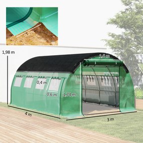 Outsunny Szklarnia Polytunelowa 4 x 3 x 2 m z siecią przeciwsłoneczną, zwijanymi ścianami bocznymi, pokrywą z plastiku, stalową ramą, Zielony
