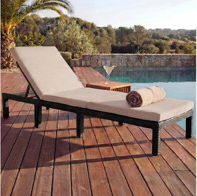 Leżak z rattanu syntetycznego MCW-A51 Basic,  Basic brązowy, poduszka kremowa