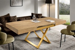 Ławostół 120 cm Ducale U - stół rozkładany do salonu 120-200 cm, regulowana wysokość, złoty stelaż - Natural Halifax Oak