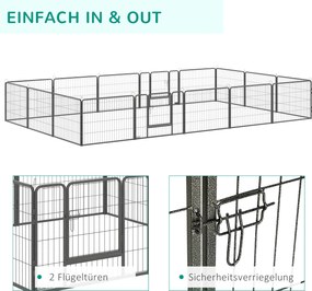 PawHut kojec dla psa, płot dla szczeniąt, dla psa na zewnątrz, krata z 2 drzwiami stalowo-szarymi, 16 segmentów 60 cm wysokości