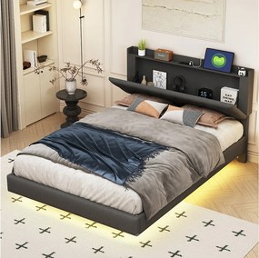 Łóżko dla dorosłych 140 x 200 cm – z oświetleniem LED – len – szare