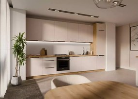 Loseo – komplet kuchenny 390 cm w kolorze kaszmir / dąb artisan z uchwytami czarnymi i systemem cichego domykania