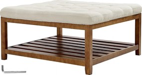 Duży Pikowany Kwadratowy Stolik Kawowy SucceBuy z Lnu, 87.5 cm, Pikowany Podnóżek z Półką do Przechowywania z Litego Drewna, Nośność 181,44 kg