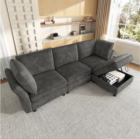 Modułowa narożna sofa w kształcie litery L z pufem ze schowkiem i poduszkami – Chenille – 225 x 137 x 84 cm – 4/5-osobowa – Szara