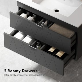 HOMCOM Szafka pod umywalkę Wisząca szafka z ceramiczną umywalką, Szuflady Soft-Close, Czarna