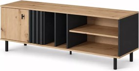 Szafka RTV Ruth II dąb artisan + czarny antracyt – elegancki stolik pod telewizor z lamelowym dekorem i otwartymi półkami