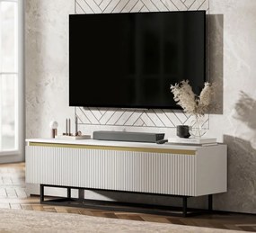Ryflowana szafka RTV Selene 140 cm, biała na czarnych płozach
