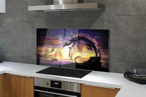 Szkło Ozdobne do Kuchni Smok i Statki na Wzburzonym Morzu