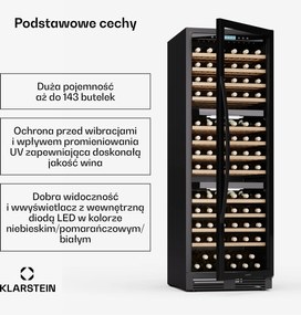 Klarstein Vinovilla 59.5cm 143 Butelki Winiarka do Zabudowy Trzystrefowa Czarny
