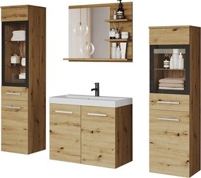 Meble łazienkowe z LED, zestaw wiszący do łazienki z umywalką, 2 słupkami i szafką lustrzaną, dąb artisan