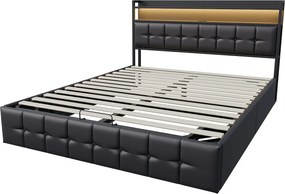 Łóżko tapicerowane ze schowkiem 160x200 cm w skórze - z diodą LED i portem ładowania - czarne