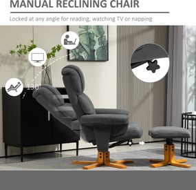 HOMCOM Regulowany fotel z pufą z wysokim oparciem i drewnianą ramą do salonu, sypialni, Ciemnoszary
