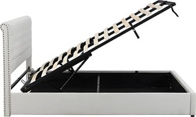 Łóżko ze schowkiem i zagłówkiem - 140 x 200 cm - bawełna-len - stelaż z listew - styl nowoczesny - szaro-biały