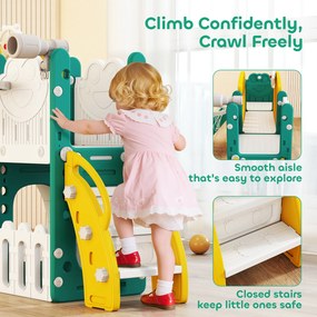 AIYAPLAY Zestaw zjeżdżalni 7 w 1 dla dzieci, kosz do koszykówki, motyw żabki, urządzenie do wspinaczki, siedzisko huśtawki, do użytku wewnętrznego i zewnętrznego, Żółty+Zielony