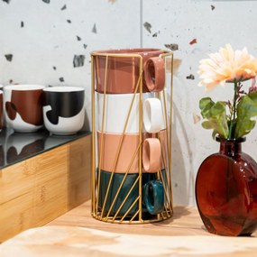 Zestaw 4 ceramicznych filiżanek na stojaku COLL, 250 ml