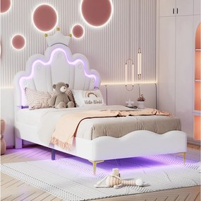 Łóżko dziecięce 90×200 cm tapicerowane, ze stelażem listwowym, oświetlenie LED – kolor biały