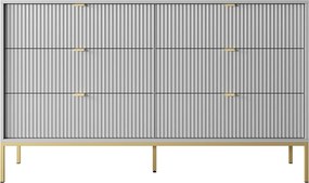 Komoda: 6 szuflad, szara, złote nóżki, 154 x 39 x 83 cm, złote uchwyty