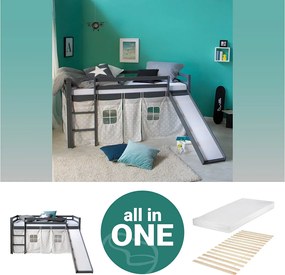 Łóżko piętrowe 207,5x110x219,5 cm szare z zjeżdżalnią, lite drewno sosnowe, zasłona, gwiazdki, listwy