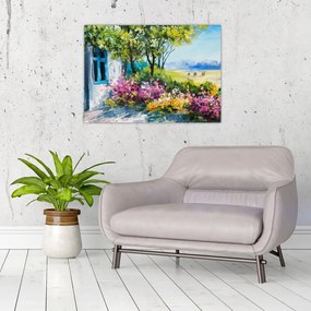 Obraz ogrodu przed domem, obraz olejny (70x50 cm)