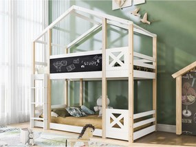 Łóżko piętrowe domek z litego drewna sosnowego z barierkami przeciwupadkowymi + drabinka + tablica czarna - 90x200cm - Naturalny i Biały