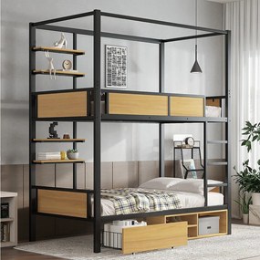 Łóżko piętrowe dla dzieci z żelaza - 2 x 90 x 200 cm - podwójna półka + 1 szuflada + schowek pod łóżkiem - metal - czarny + naturalny