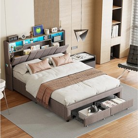 Łóżko Podwójne 160x200 cm Szara Tkanina z Przechowywaniem, LED Zagłówek, Porty USB/C i Wbudowana Półka