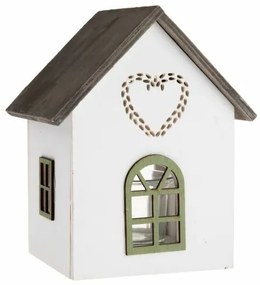 Świecznik drewniany ze szkłem Domek z serduszkiem, 15 cm, zielony