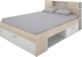 Łóżko ze skrzynią i szufladami - 160 x 200 cm - Kolory: Naturalny i biały + Stelaż + Materac - LEANDRE