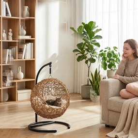 PawHut Łóżko dla kota z rattanu, jaskinia z poduszką do prania i piłeczką, dla kotów do 10 kg, 45 x 41 x 75 cm, jasnobrązowy | Aosom PL