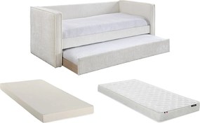 Łóżko kanapa z wysuwaną szufladą 2 x 90 x 190 cm – Tkanina teksturowana – Białe + Materac – SULAZO