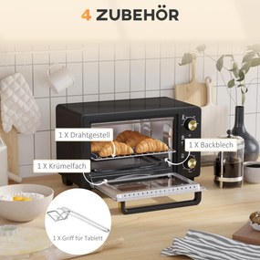HOMCOM Minipiekarnik, Piecyk Toasterowy, Timer, Ruszt, Blacha do Pieczenia, Szkło Wglądowe, Metal, Czarny