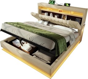 Łóżko z pojemnikiem na pościel i zagłówkiem o wymiarach 140 x 200 cm - z zagłówkiem i schowkiem, USB/Typ C, LED - beżowy len - materac w zestawie