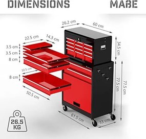 Wózek warsztatowy z 5 szufladami, 61 x 108 cm, czerwony