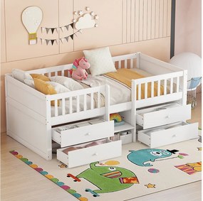 Łóżko dziecięce 90 x 200 cm z 4 szufladami - Drewno sosnowe + MDF - Stelaż listwowy - Biały (bez materaca)