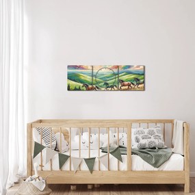 Obraz – Konie galopujące przez krajobraz (z zegarem) (90x30 cm)