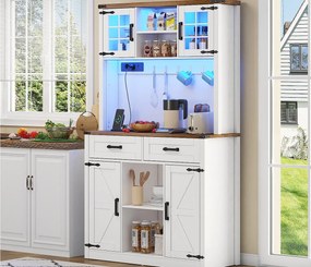 Kredens kuchenny 100×40×172 cm - z USB i gniazdkiem - z oświetleniem LED - 4 drzwi i 1 szuflada - biały+naturalny