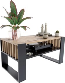 Stolik Kawowy Nowoczesny Czarny Z Lamelami + Dąb 200 X 170 Cm H8-P69