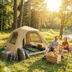 Outsunny Ekspresowy namiot pop-up z ochroną przed deszczem, wodoodporny namiot kopułowy dla 3-4 osób z 2 drzwiami 2 oknami 240x240x160 cm khaki | Aosom PL