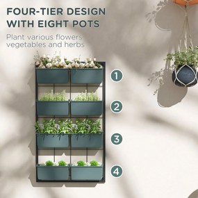 Outsunny Stolik na kwiaty z 8 skrzynkami do sadzenia, stosowalny, odporny na warunki atmosferyczne, 52,5 x 14 x 90 cm, Szary + Czarny