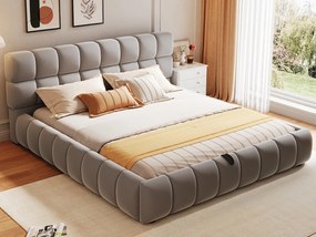 Tapicerowane łóżko z pojemnikiem 140×200 cm - Podwójne łóżko - Aksamit - Szare (materac nie jest zawarty)