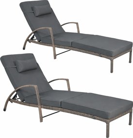 Zestaw 2 leżaków ogrodowych technorattan Ravello XL2505, jasny brąz, poduszki szare