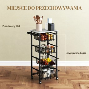 HOMCOM 4-poziomowy wózek kuchenny na kółkach, mobilny wózek do serwowania, wózek kuchenny z 4 stalowymi koszami, wózek do serwowania