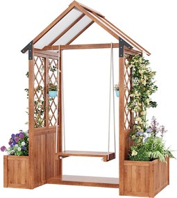 Solidna drewniana huśtawka ogrodowa z dachem + zestaw 2 doniczek na pnącza - 142 x 70 x 163 cm - brązowa