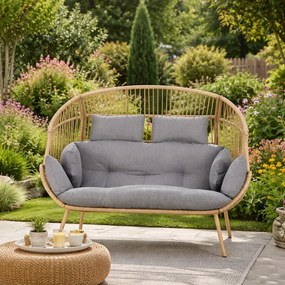 Fotel ogrodowy 2-osobowy kokon Belira, technorattan, boho, z szarymi poduszkami