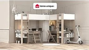 Łóżko antresola podwójne narożne 2 x 90 x 200 cm -  ze skrzynią i i biurkami - Biały i naturalny - LASCANO