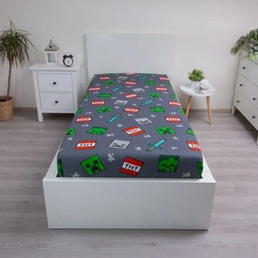 Szare bawełniane prześcieradło dziecięce jednoosobowe z gumką 90x200 cm Minecraft "We got this" – Jerry Fabrics