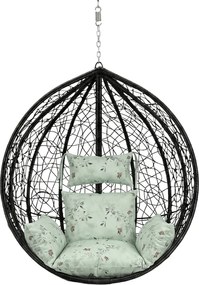 Czarne wiszące krzesło KOKON bez stojaka, jasnozielona poduszka ze wzorem