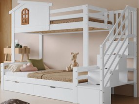 Łóżko piętrowe 90×200 cm - z 2 szufladami - z oknami - schody z miejscem do przechowywania - Drewno lite + MDF - białe (bez materaca)